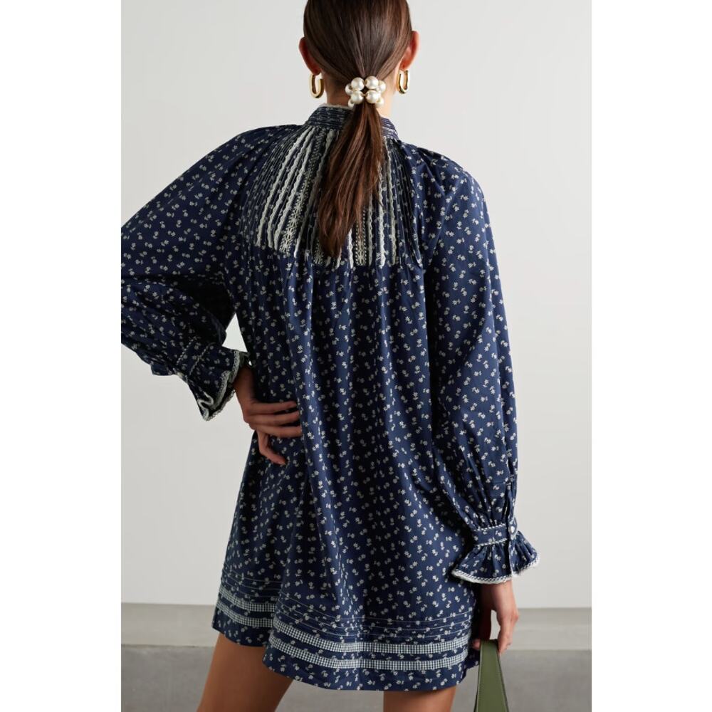 Doen Navy Beatrice Blue Floral Long Sleeve Pleated High Collar Dress Size XXL - Picture 2 of 8